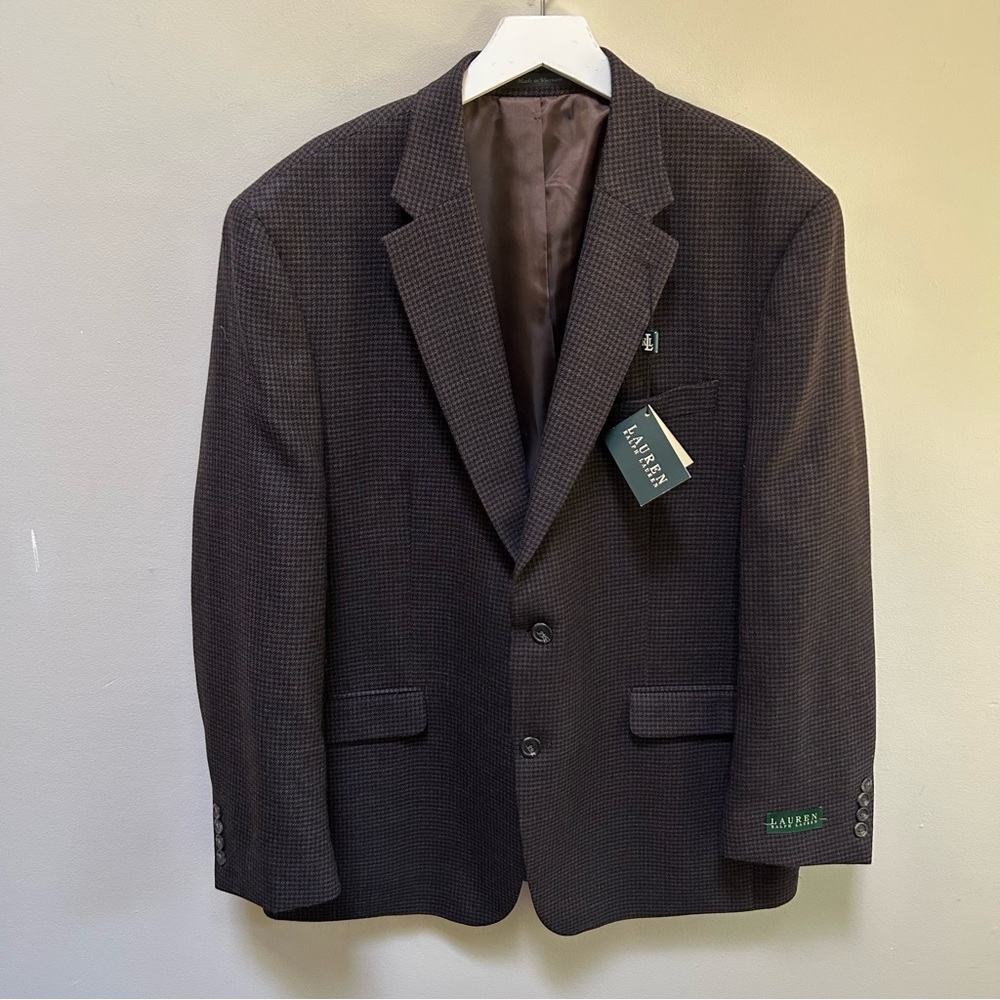 new~Lauren Ralph Lauren ~Men’s Brown Black Wool Houndstooth Suit Jacket size 46R
